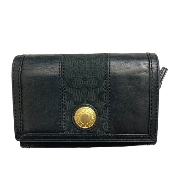 Coach Black Leather And Signature Mini C Wallet